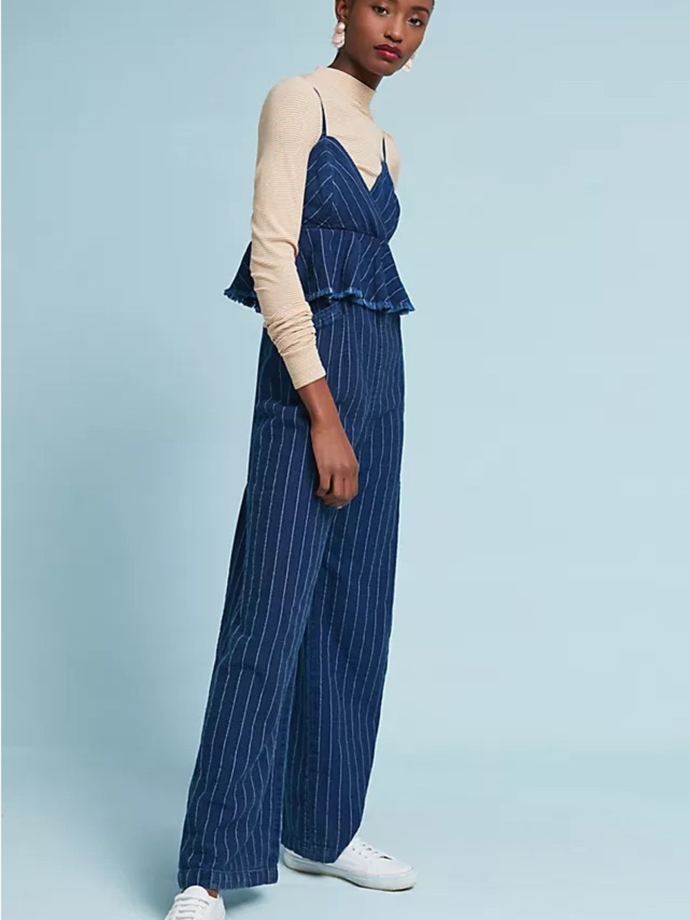 Anthropologie Navy Pinstripe Wide-Leg Jumpsuit